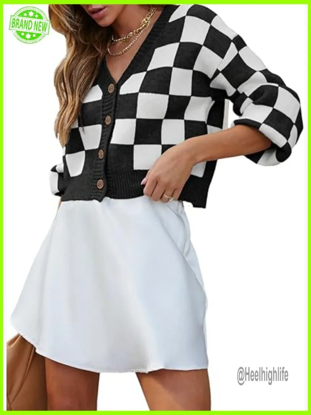 Cropped Cable Knit Cardigan, V-Neck Button Down, Long Sleeve Checkered Sweater